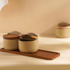 A set of ceramic cans for bulk products on the SL Home Stone Forest stand, 4 items: 3 banks 350 ml, stand 34 × 10 cm