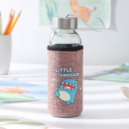 A glass bottle in a “dino” case, 300 ml, h = 17 cm, mix drawing