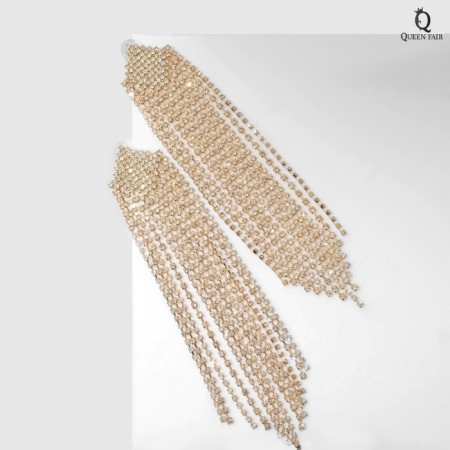 Hanging earrings with rhinestones "waterfall" rhombus, white color in gold, 17 cm-2