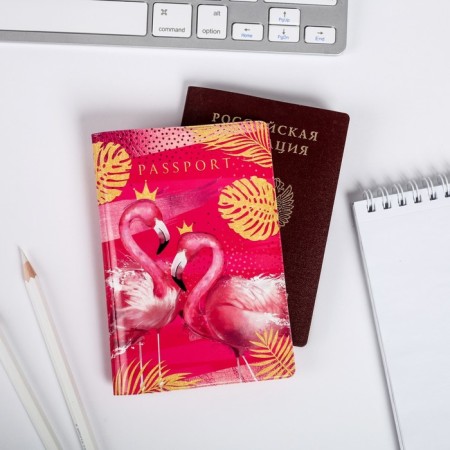 Set of passport cover and keychain "Realistic flamingos"-2