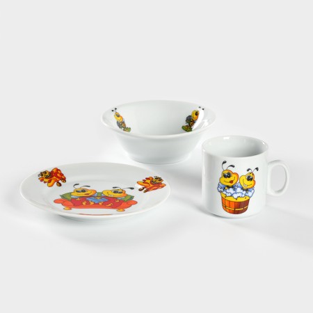 A set of porcelain dishes "Bees", 3 objects: mug 200 ml, salad bowl 350 ml, fine plate d = 16.5 cm, MIX drawing-1