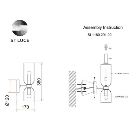 Sconces st. SL1180.201.02. Treviso. 2x40 watts, E14, 12x36 cm, golden color-6