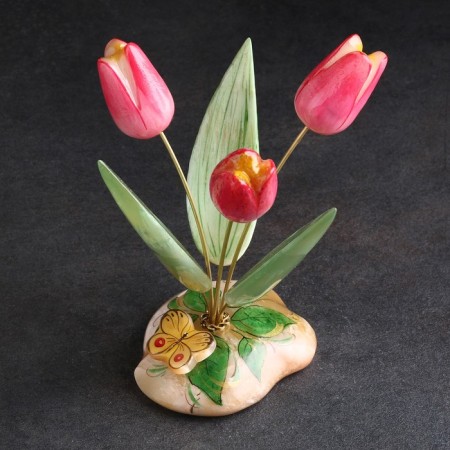 Souvenir tulips with a butterfly, 3 flowers, pink, selenite-4