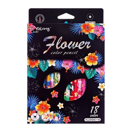 Pencils 18 flowers in a cardboard box, hexagonal, wooden, flowers on a black mix-2