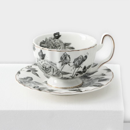 Service Porcelain Tea Black Rose, 12 items: 6 mugs 220 ml, 6 saucer d = 15 cm, white color-1