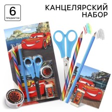 Office set, notebook, sharpener, eraser, pencil, scissors, cars