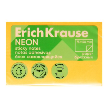 Block with a sticky edge paper 75x50 mm, Erichkrause "Neon", 100 sheets, orange-1