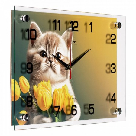Watching clock, interior "kitten in tulips", 25 x 35 cm, silent-1