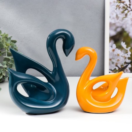 Souvenir Ceramics "Swans Blue and Orange" Gloss Set 2 pcs 14x6x15 15x20x20 cm