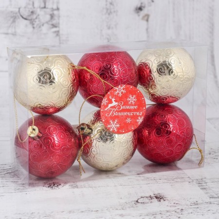 Set of balls plastic D-6 cm, 6 pcs "openwork shine" with red-gold-1