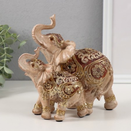Polystone souvenir "Elephant with an elephant, flowers and patterns on the blanket" Gold and Bezh 15.5x10x16 cm