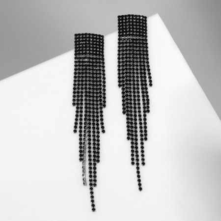 Hanging earrings with rhinestones "Waterfall" on a square, black color in silver, 11 cm-3