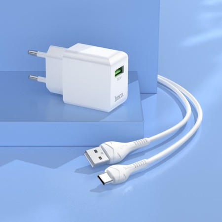 Network charger Hoco C98A, 1 USB, 18 W, QC, Type -C cable - USB, 1 m, white-7