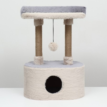 A house for cats with a claw, with an oval shelf, 54 x 34 x 80 cm, fluffy fur, jute, gray-1
