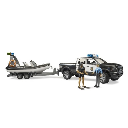 Pikap Police Bruder, with a trailer, boat and two figures of people