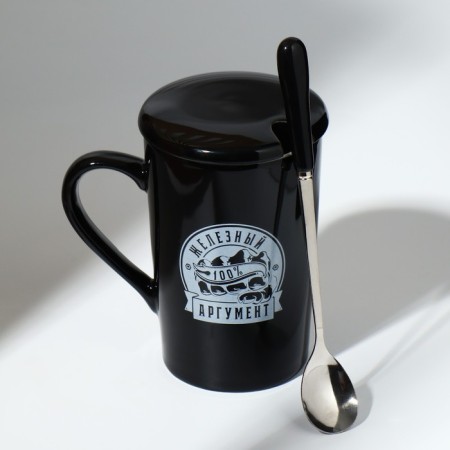 Ceramic “Argument” mug, 420 ml, with a spoon and lid, black color-1