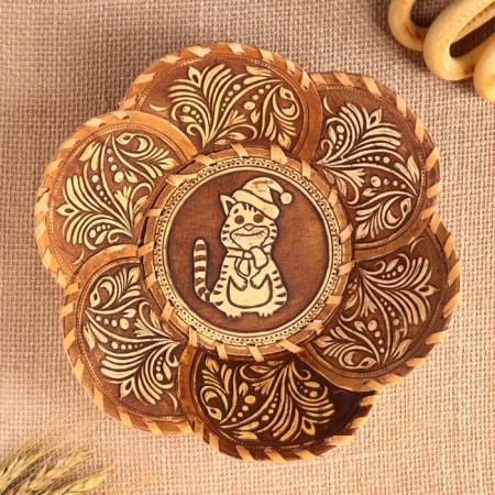 Plate "Cat with a cap", 6 petals, birch bark-1