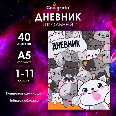 Universal diary for grades 1-11, "cats 2", solid cover 7BC, glossy lamination, 40 sheets