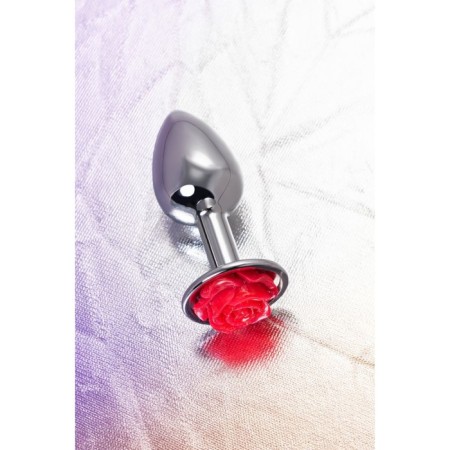 Anal plug Metal by Toyfa, metal, silver with red rose, d = 27 mm 8 cm, 48 g 104480-6