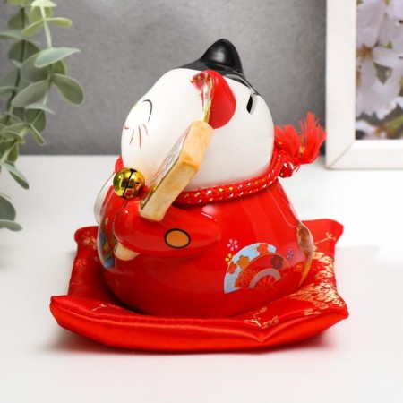 Piggy bank Ceramics "Maneki-Neko Red with fan" 11x10.5x9.5 cm-1