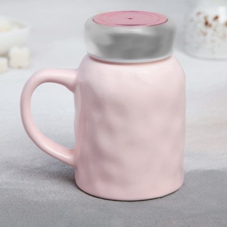 Ceramic "Rainbow" mug, 380 ml, with a plastic lid, pink color-1