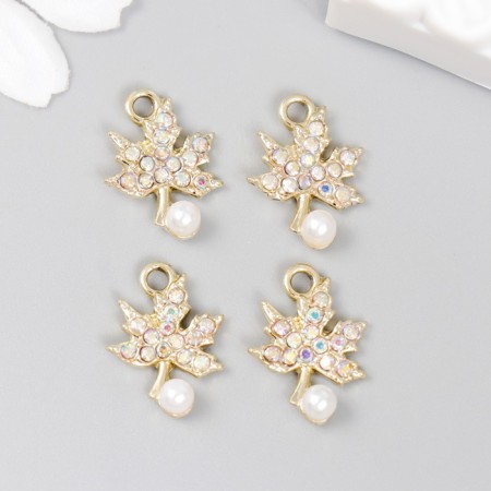 Decor for creativity metal, rhinestones "Maple leaflet with pearl" 1.7x1.3 cm-2