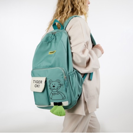 A backpack with a zipper, 3 outer pockets, turquoise color-5