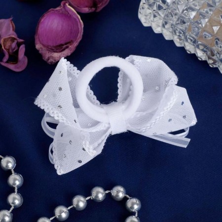 Hair elastic band "Schoolgirl" bow tape peas, d-7 cm, white-1