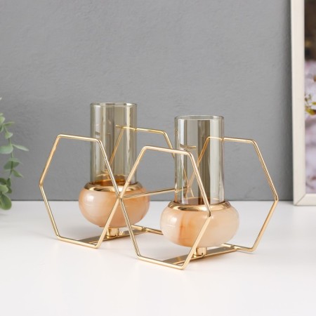 Summary metal, glass for 2 candles "hexagons" white with gold 15.5x26.5x10.5 cm-4