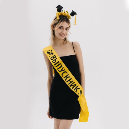 Carnival set "University graduate", 2 items: gold tape + pin, rim with hats-3