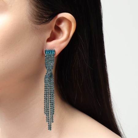 Hanging earrings with rhinestones "Waterfall" rotation, blue color in silver, 10 cm-3