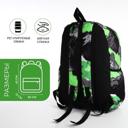 Youth backpack from textiles, 3 pockets, gray/green color-1