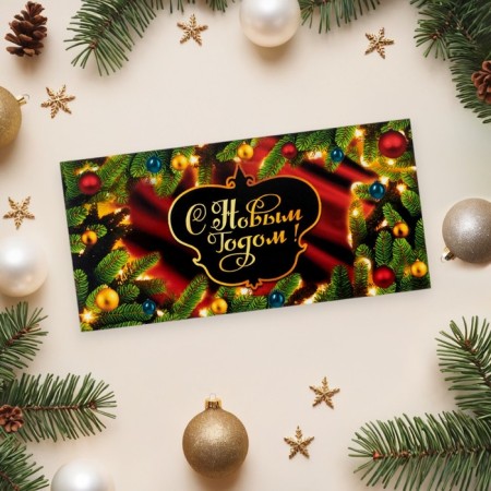 Money envelope "Happy New Year!" spruce branches, red background 16x8 cm