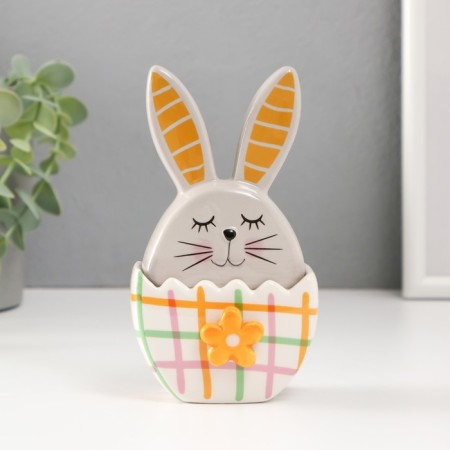 Coramics box "Bunny in an egg in a cell, with a flower" gray-yellow 8x5.4x14.2 cm