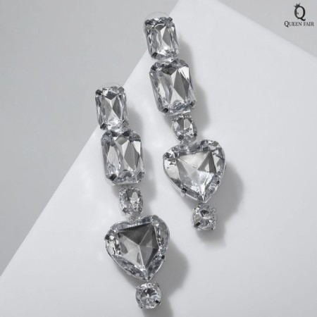 Hanging earrings with rhinestones "Jewel" heart, white color in silver, 7 cm-2