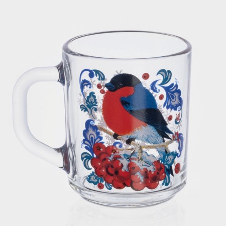 New Year's glass mug for tea "Bullfinchi in mountain ash", 200 ml-1