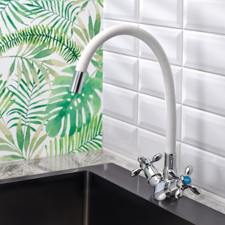 Kitchen mixer BOOU BA5318-1F-E351A-B702, flexible surge, brass, white/chrome-1