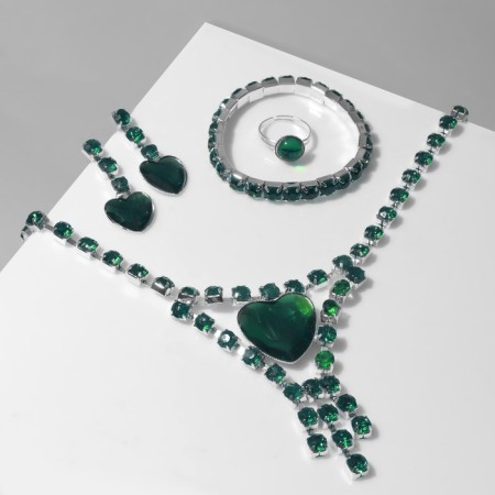 Set 4 objects: earrings, necklaces, bracelet, “heart” ring in circles, green color in silver