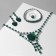 Set 4 objects: earrings, necklaces, bracelet, “heart” ring in circles, green color in silver