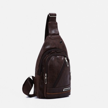 Male sling bag, artificial leather, headphone opening, brown color-1