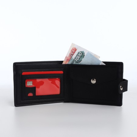 Men's purse on the button, a department for cards, coins, black color-5
