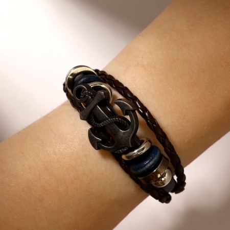 Unisex Bracelet "Style" anchor, three threads, black-brown color with silver, 22 cm-3