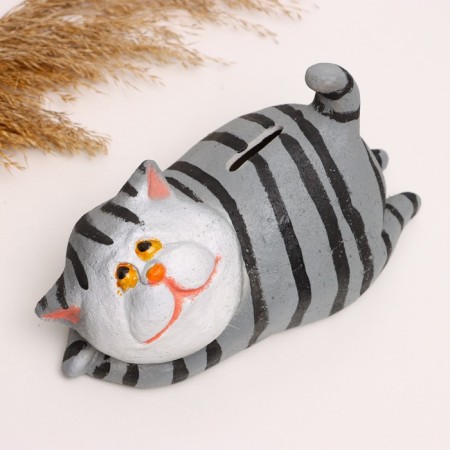 Piggy bank "Cat fat man on the stomach" gray, 10x18x9cm