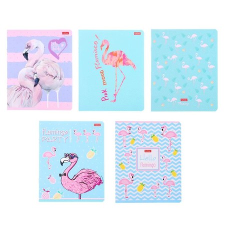 Notebook 18 sheets, in a cage, "flamingo", embossing, cover covering cardboard, 5 designs in the block