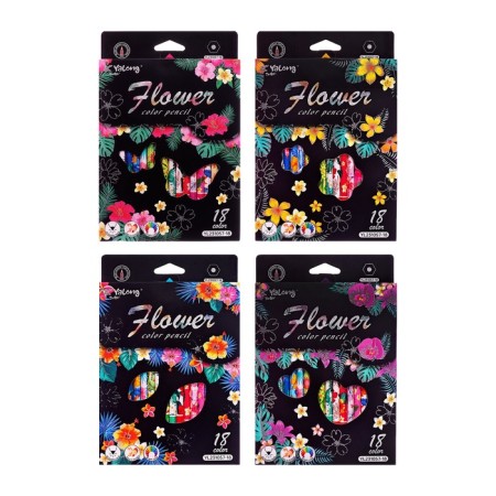 Pencils 18 flowers in a cardboard box, hexagonal, wooden, flowers on a black mix-3