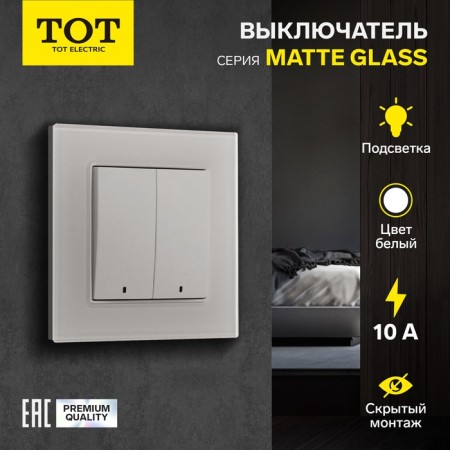Tot Matte Glass switch, 10 a, 2 cl., With backlight, hidden, glass, white