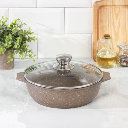 Granite Brown, 2.4 L, D = 26 cm, glass cover, anti -stick coating, brown color