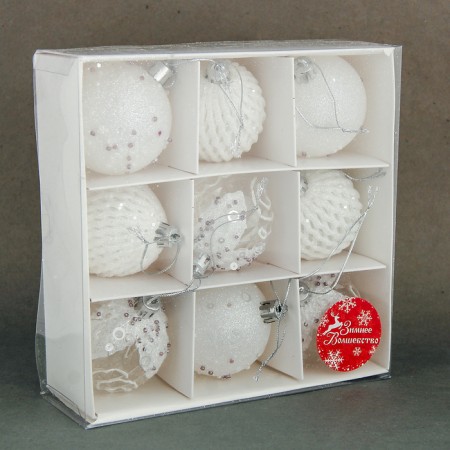 Set of balls plastic D-6 cm, 9 pcs "snow frost" white-1