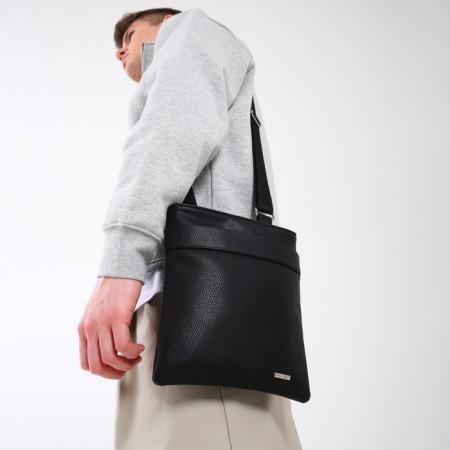 Male bag over the shoulder, Textura, artificial leather, black color