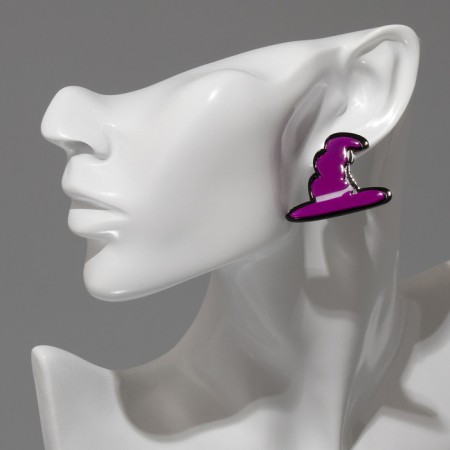 Acryl Earrings "Hats" witches, black-violet color in silver-2
